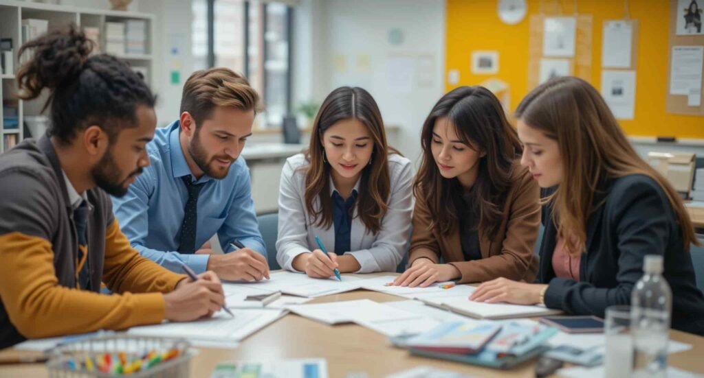 Equipo creando los libros educativos sobre oficios y profesiones